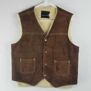 Vintage Suede Sherpa Vest Sz M‎ Brown Cream Coastal Cowboy Western Yellowstone